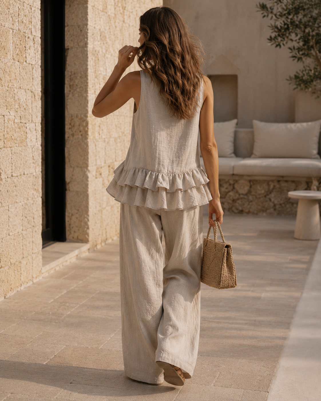 Voyaa Ruffle Linen Set – Sand