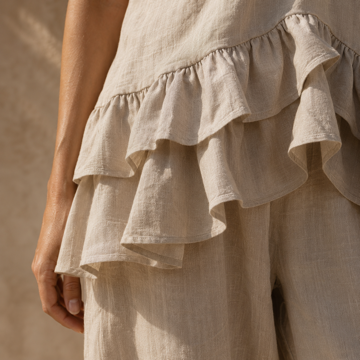 Voyaa Ruffle Linen Set – Sand
